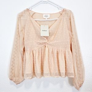 Peach With White Swiss Dot Blouse Peplum Deep V-Neck Size Small